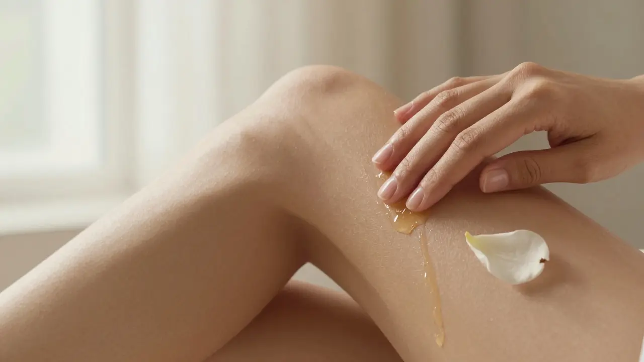 Ruce aplikují kokosový olej pouze na vnější oblast vulvy, bez vnitřních struktur.