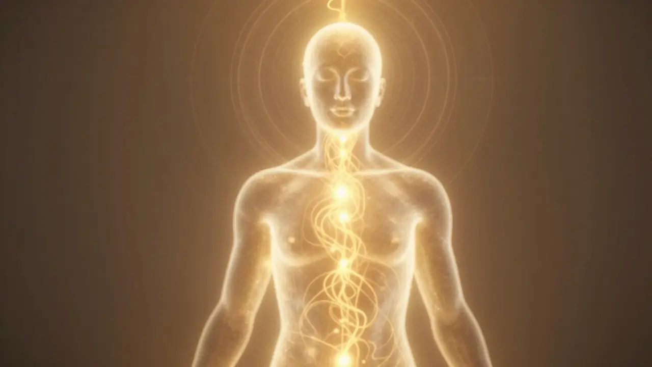 Translucentní zlatá energie stoupá od základního obrusu až k vrcholu hlavy lidského silueta.