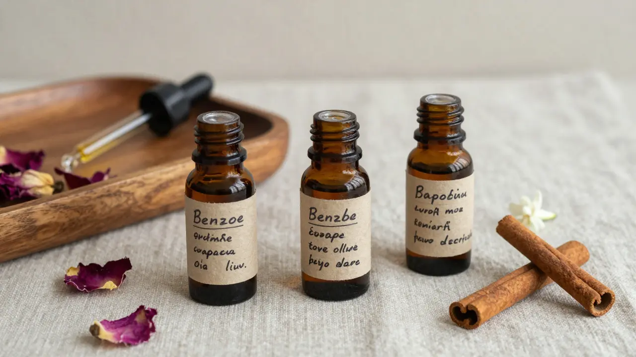 Tři tmavé lahvičky s tantrickými masážními oleji na lněné látce s sušenými růžemi a kapekou.