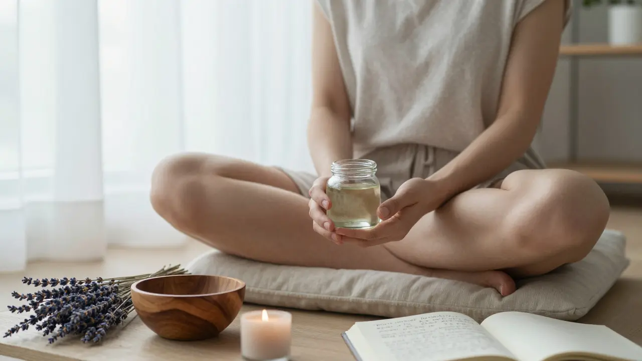 Žena drží skleněnou láhev s kokosovým olejem v klidném, přírodním prostředí po porodu.