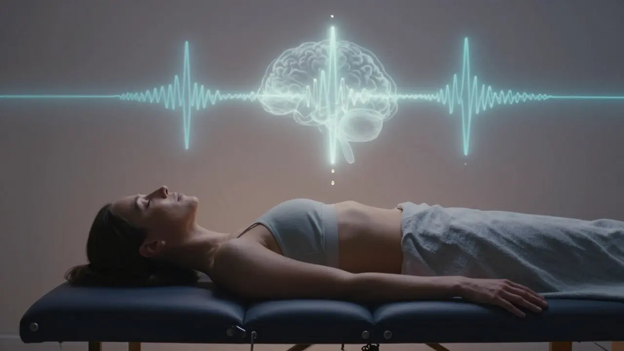 Člověk v klidu, okolo něj jemné vlny theta vln — symbol uvolnění a hlubokého spojení.