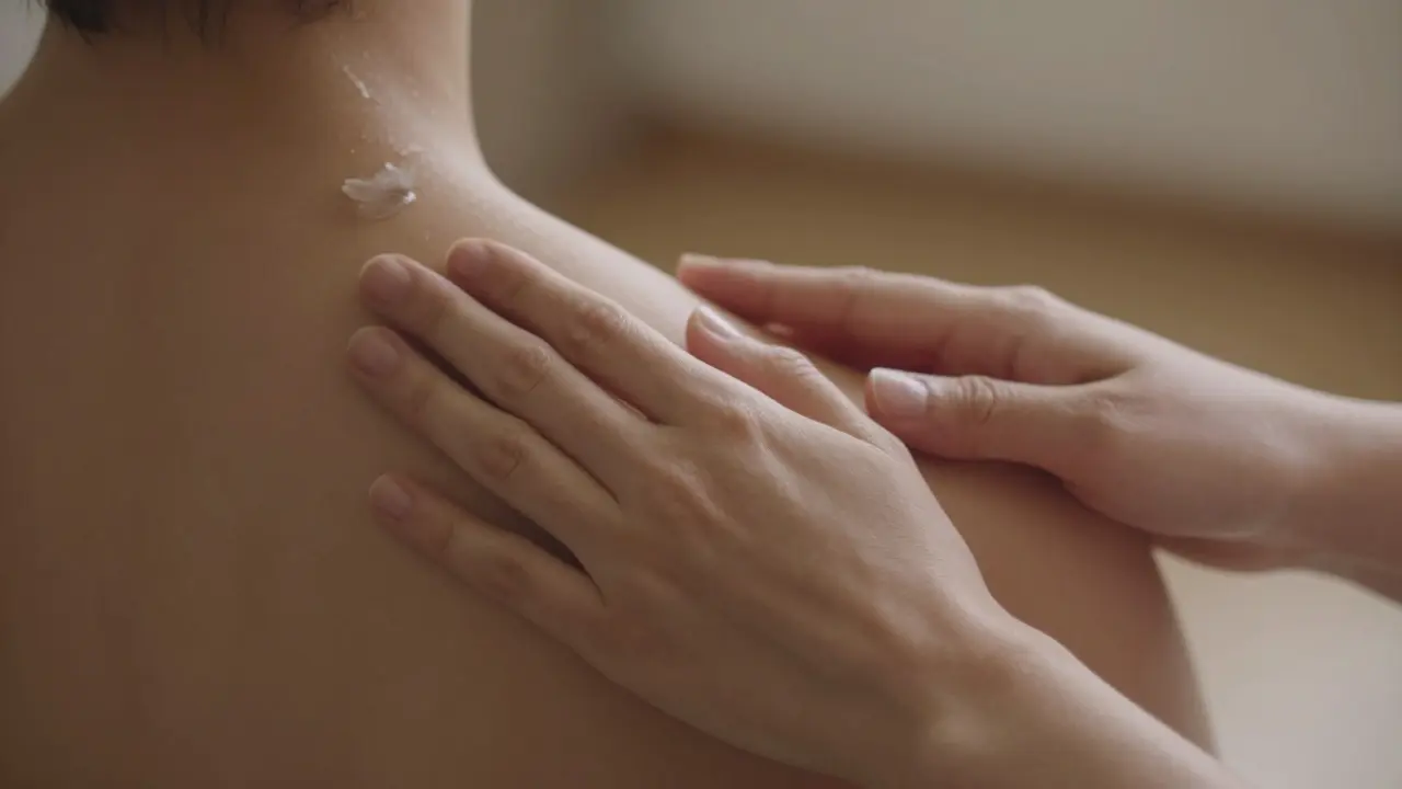 Dvě ruce: jedna klidně dotýká rameno, druhá klidně odpočívá — jen přítomnost, bez techniky.