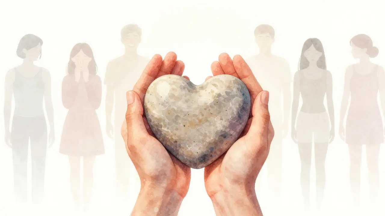 Dvě ruce jemně drží kámen ve tvaru srdce, za nimi jsou rozplývající se stíny lidí v různých emocích.