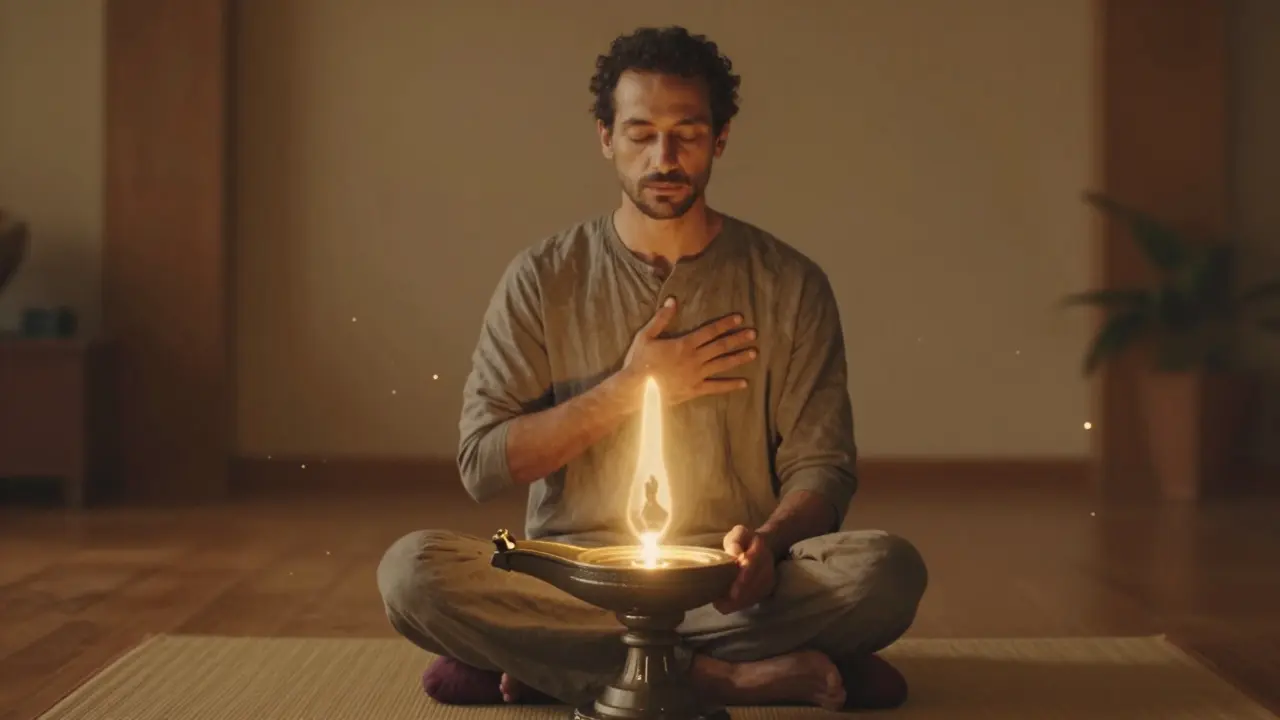 Muž v meditaci, jemné záření nad oblastí lingamu, symbolizující uvolnění mužské energie.