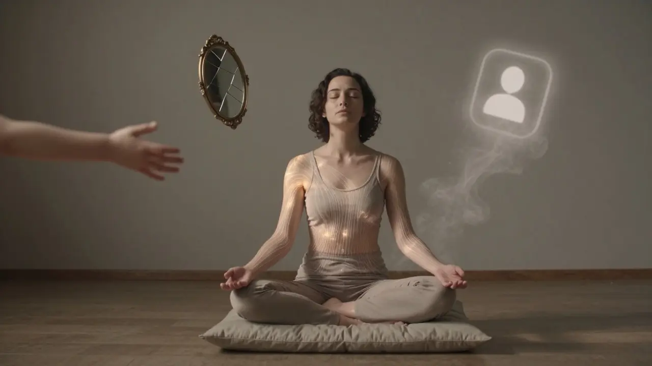 Osoba sedí v klidné pozici, kolem ní se rozplynou symboly stresu a společenského tlaku, zatímco jemné světlo obklopuje její tělo.