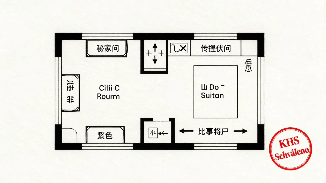 Plán místnosti masážního salónu s označenými zónami pro hygienu, výstupy a sklad, bez skrytých prostor.