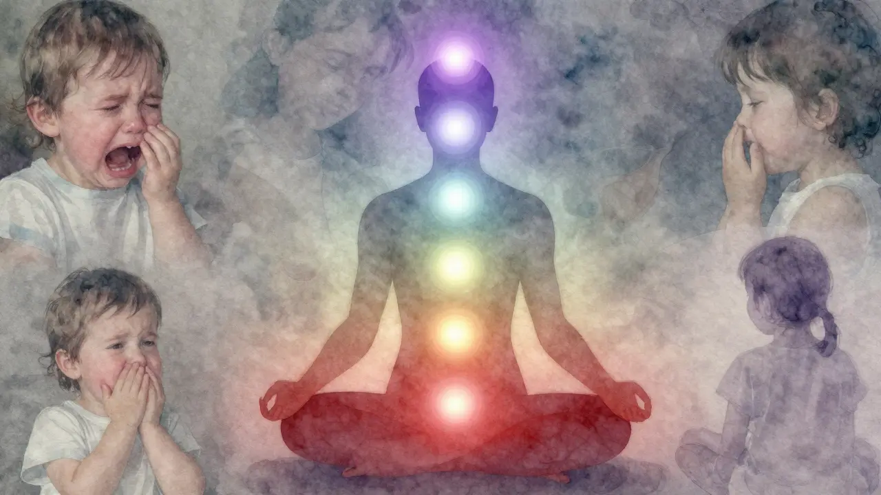 Sedm čaker jako svítící kruhy podél obrusu člověka, s průhlednými stopami dětských emocí kolem.