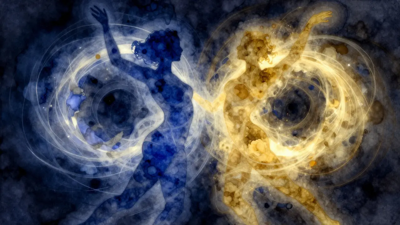 Abstraktní obraz dvou postav v tanci světla a barev znázorňující energetické propojení.