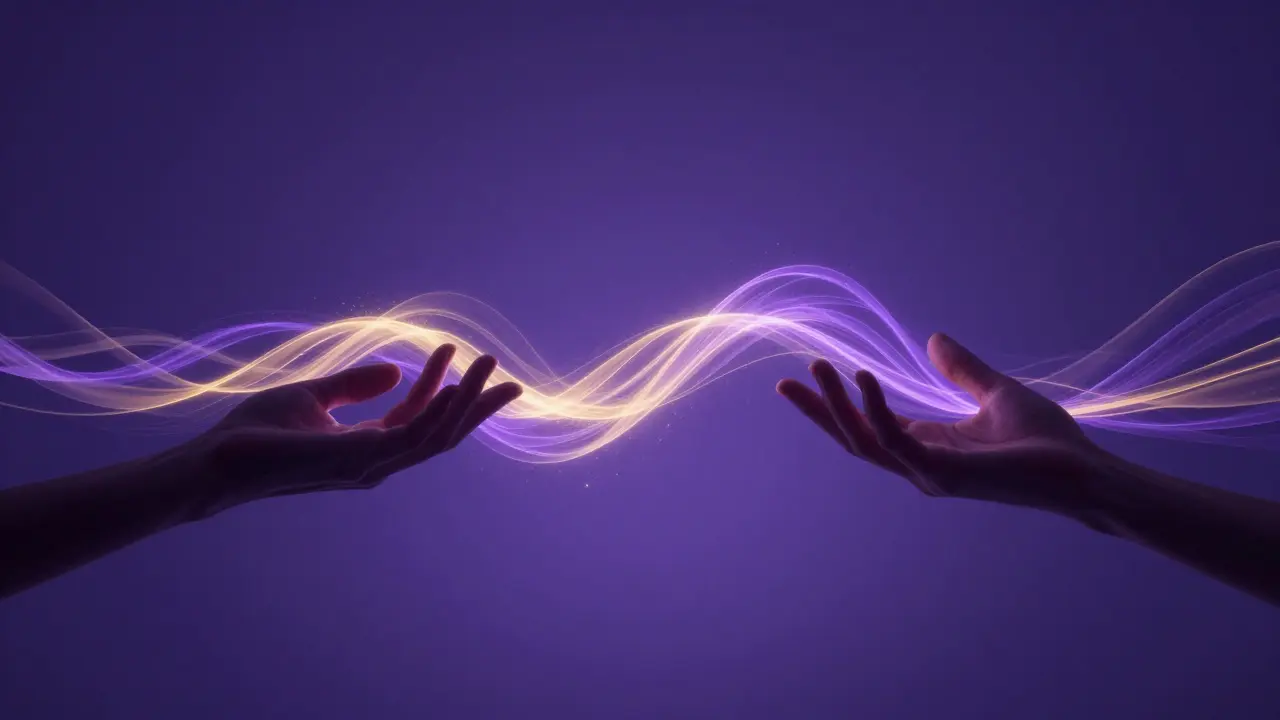 Abstraktní zobrazení zlaté energie mezi dvěma rukami symbolizující hranice.