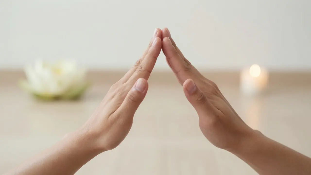 Detail dvou rukou v gestu všímavosti v minimalistickém relaxačním prostoru.