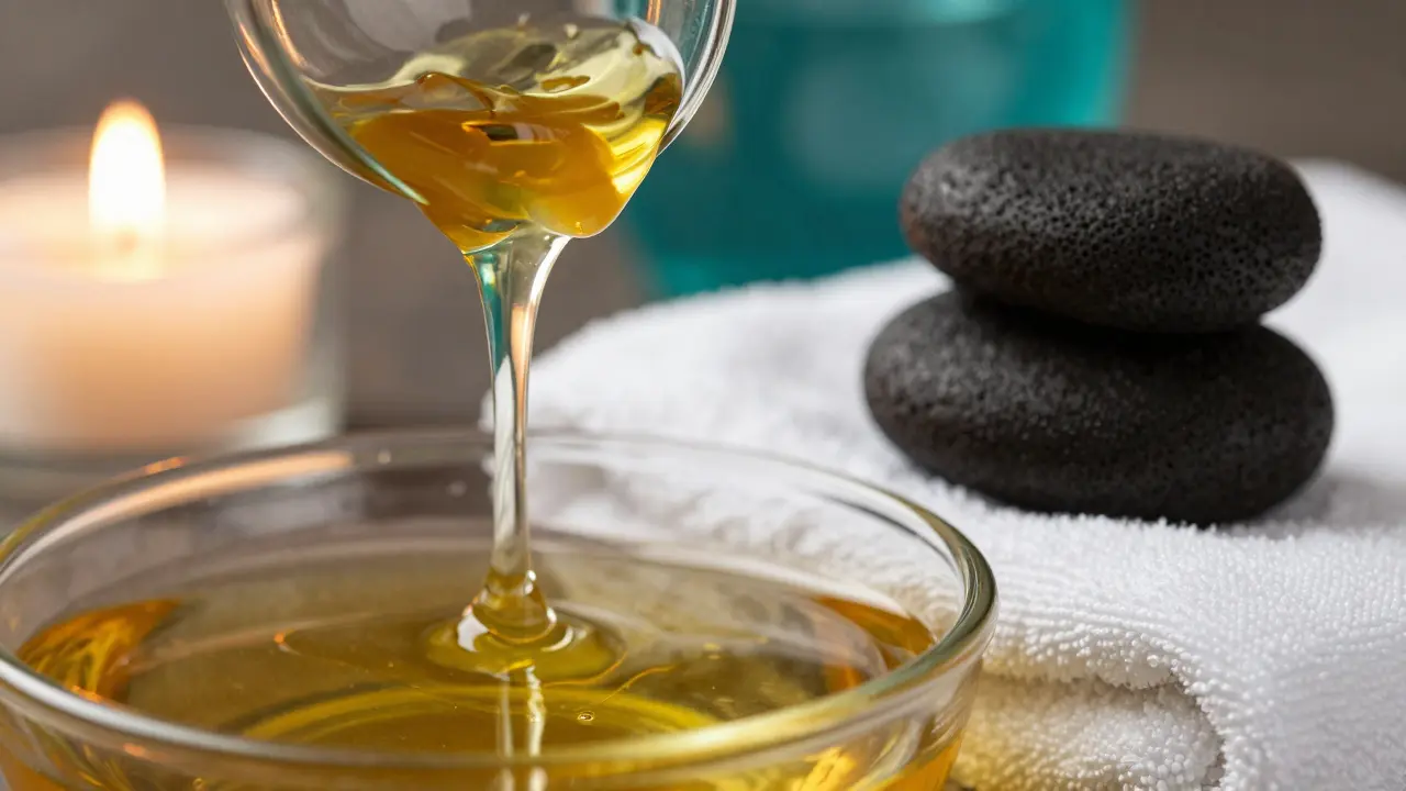 Detail gelu z mořských řas, aromatického oleje a lávových kamenů v luxusním wellness.