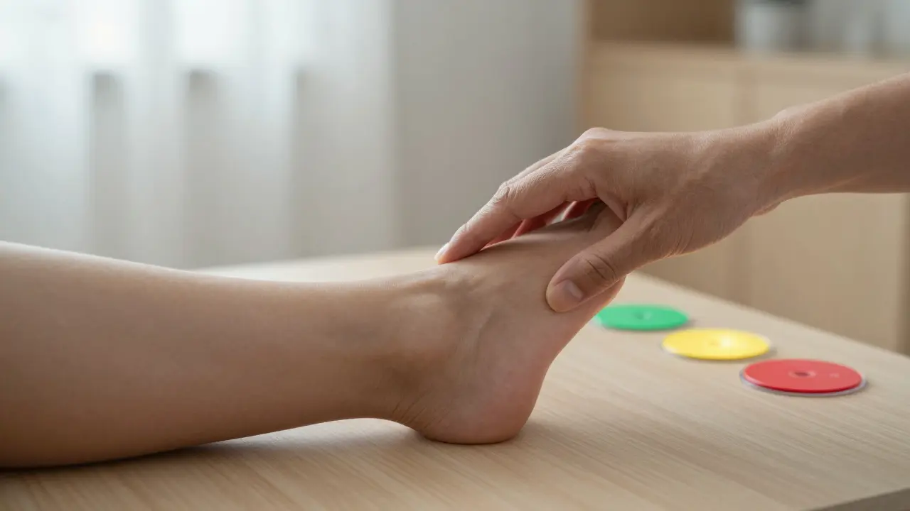 Detail jemného doteku chodidla a barevné signály pro kontrolu bezpečnosti během masáže.