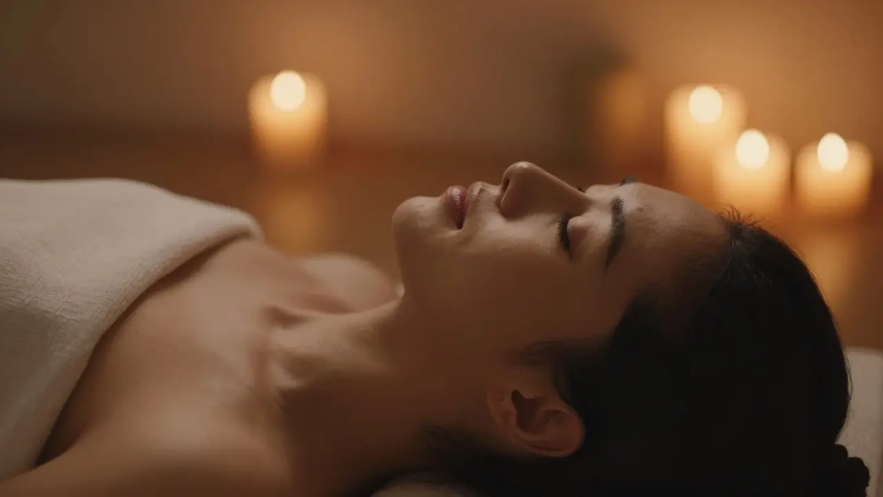 Klíčový záběr na tvář člověka v hlubokém pocitu blaženosti v útulném prostředí.