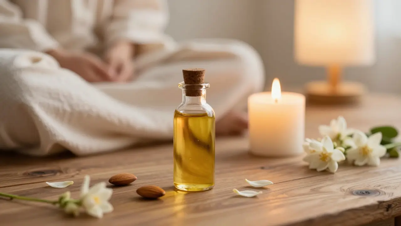 Klidné rituální prostředí se svíčkou, esenciálním olejem a jasmínem.