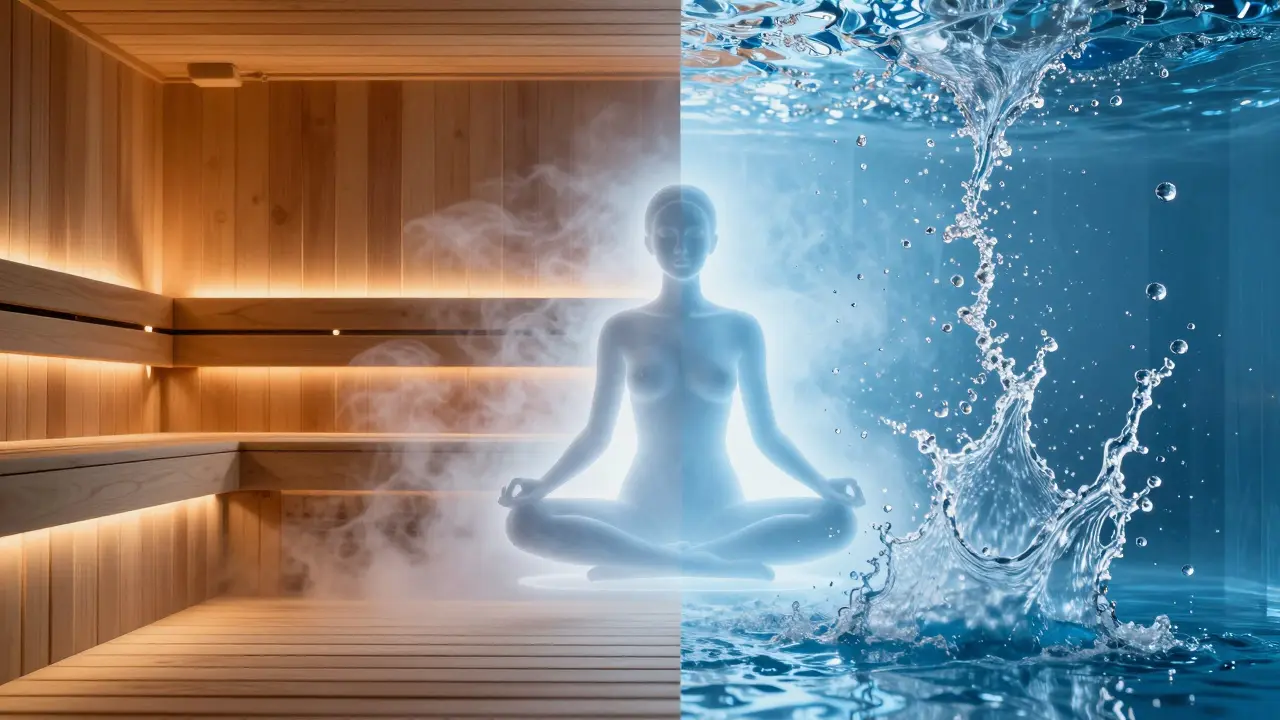 Kombinace horké sauny a studené vody symbolizující biohacking a regeneraci těla.