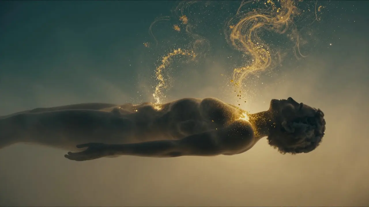 Konceptuální obraz uvolňování traumat z těla pomocí přechodu tmavých mraků do zlatého světla.