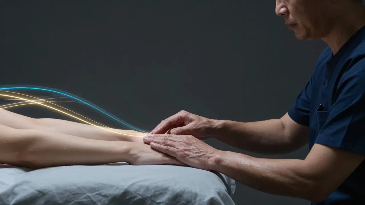 Mentor vyučující studenta techniky bioenergetiky s vizualizací energetických proudů.