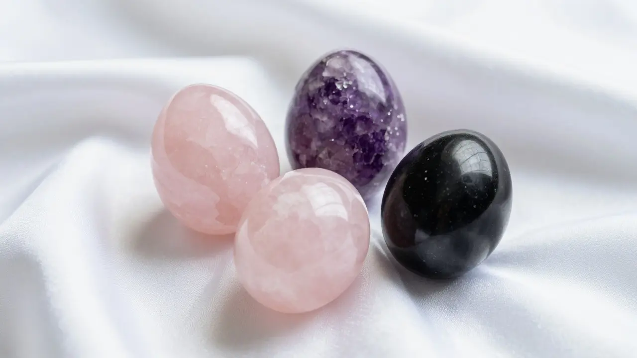 Sada polírovaných krystalických vajíček z růžového křemene, ametystu a obsidiánu na hedvábí.
