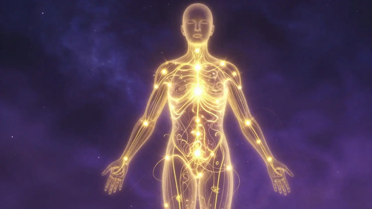 Silueta člověka s přezářenými čakrami a proudícími zlatými energiemi v těle.