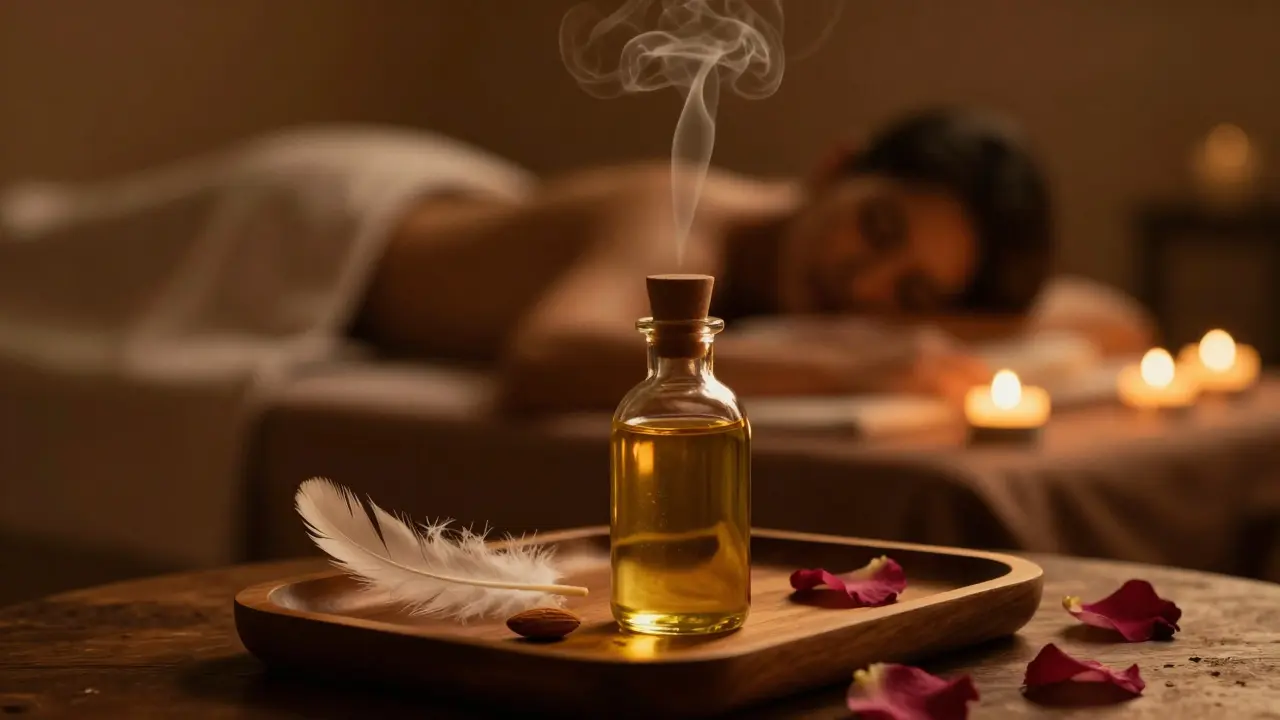 Smyčlný detail s masážním olejem, peřínkem a svíčkami v tlumeném světle.