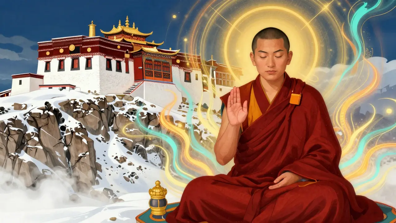 Tibetanský mnich tvořící mudry s vizualizací energetických proudů v horách.
