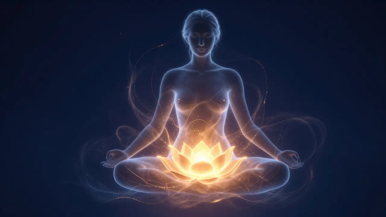 Umělecký obraz ženské siluety s přebyjením zlaté energie v oblasti pánve.