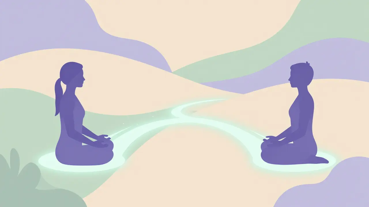 Abstraktní ilustrace energetického spojení mezi dvěma meditujícími postavami.