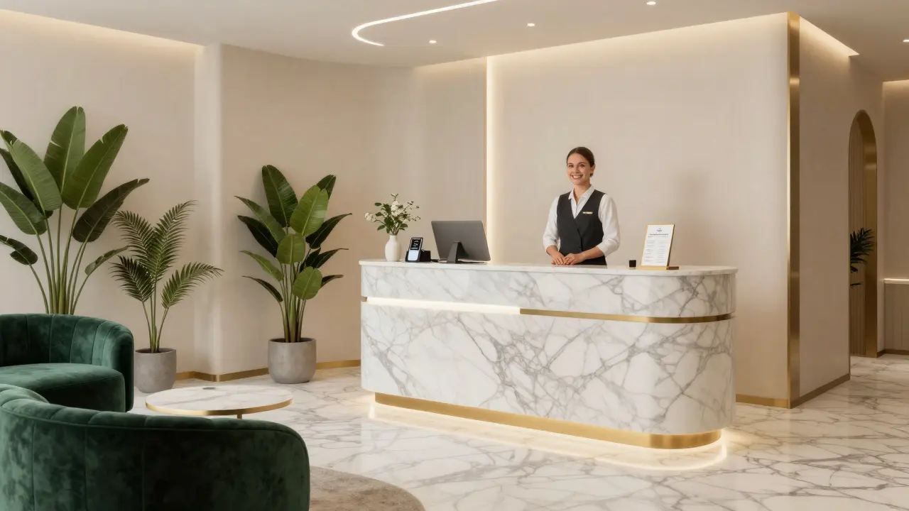 Elegantní recepce luxusního masážního salónu s profesionálním personálem