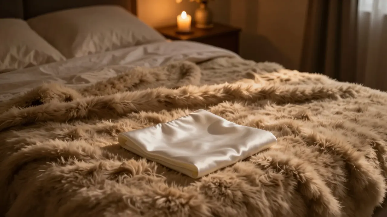 Jemně osvětlená postel s kožešinou a hedvábím pro rituál