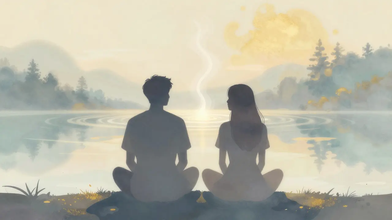 Konceptuální zobrazení synchronizace dechu a emocionálního spojení partnerů.
