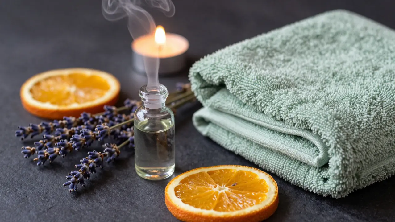 Aromaterapeutické oleje, levandule a teplý ručník na kamenném povrchu