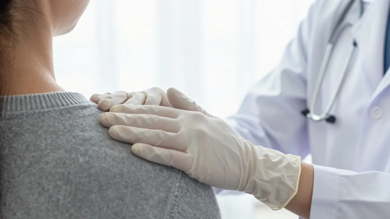Ruce terapeuta v rukavicích symbolizující hygienu