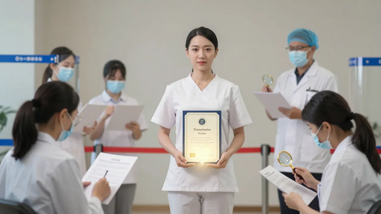 Terapeut s certifikátem představující hygienické standardy a inspekce