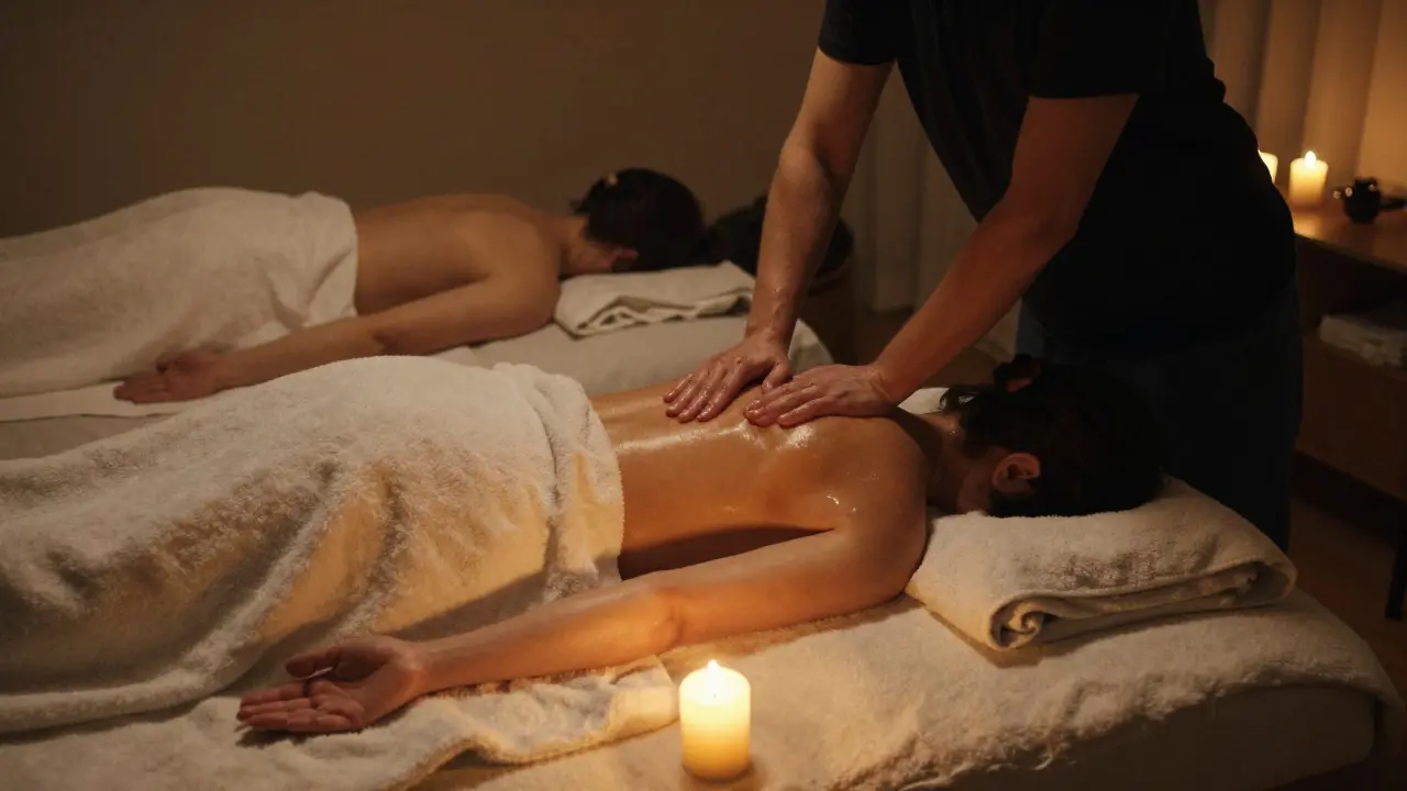 Pár praktikující domácí erotickou masáž při tlumeném světle svíček