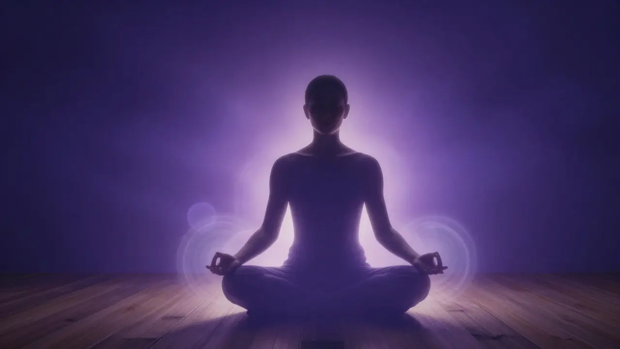 Silueta meditující osoby obklopená světlem představující energii