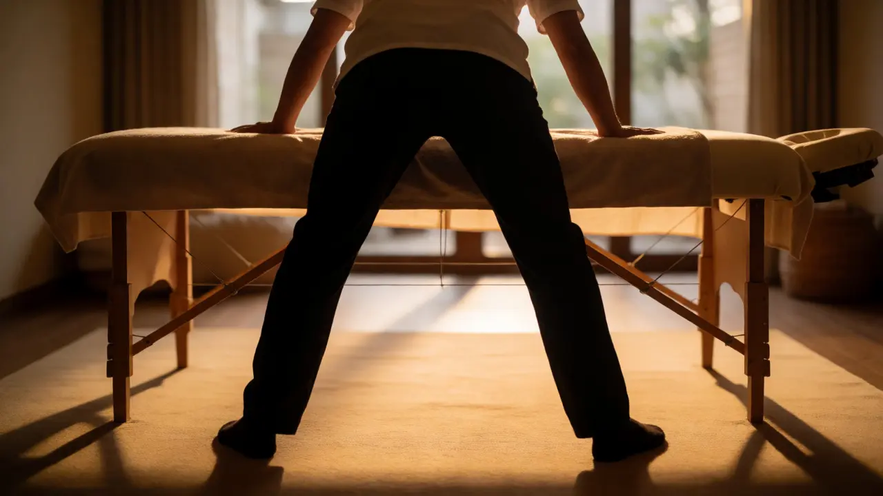 Masér v ergonomickém postoji využívající váhu těla při práci na stole