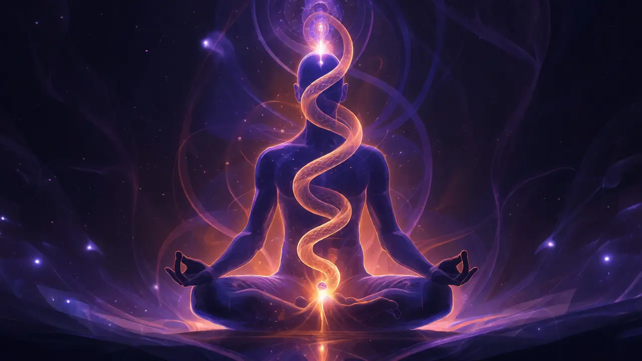 Abstraktní vizualizace probouzející se kundalini energie stoupající podél páteře