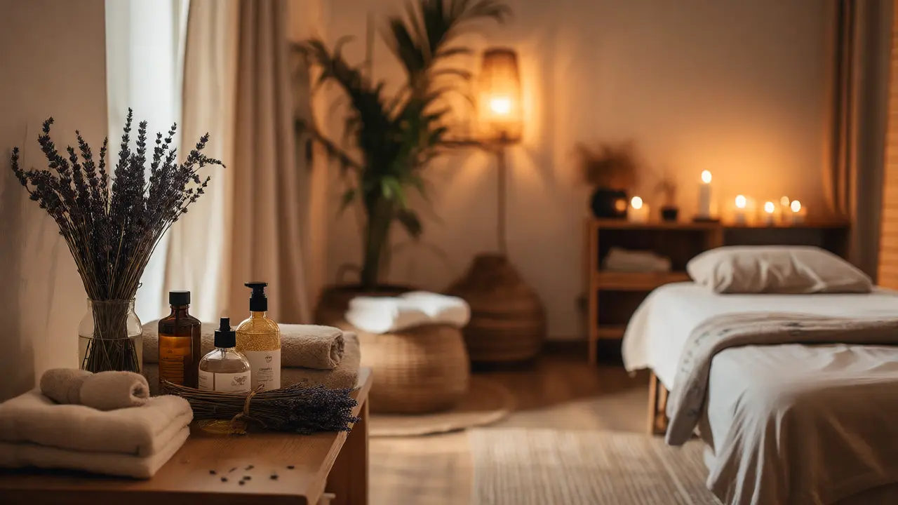 Interiér masérny s přírodními materiály, oleji a svíčkami pro relaxaci